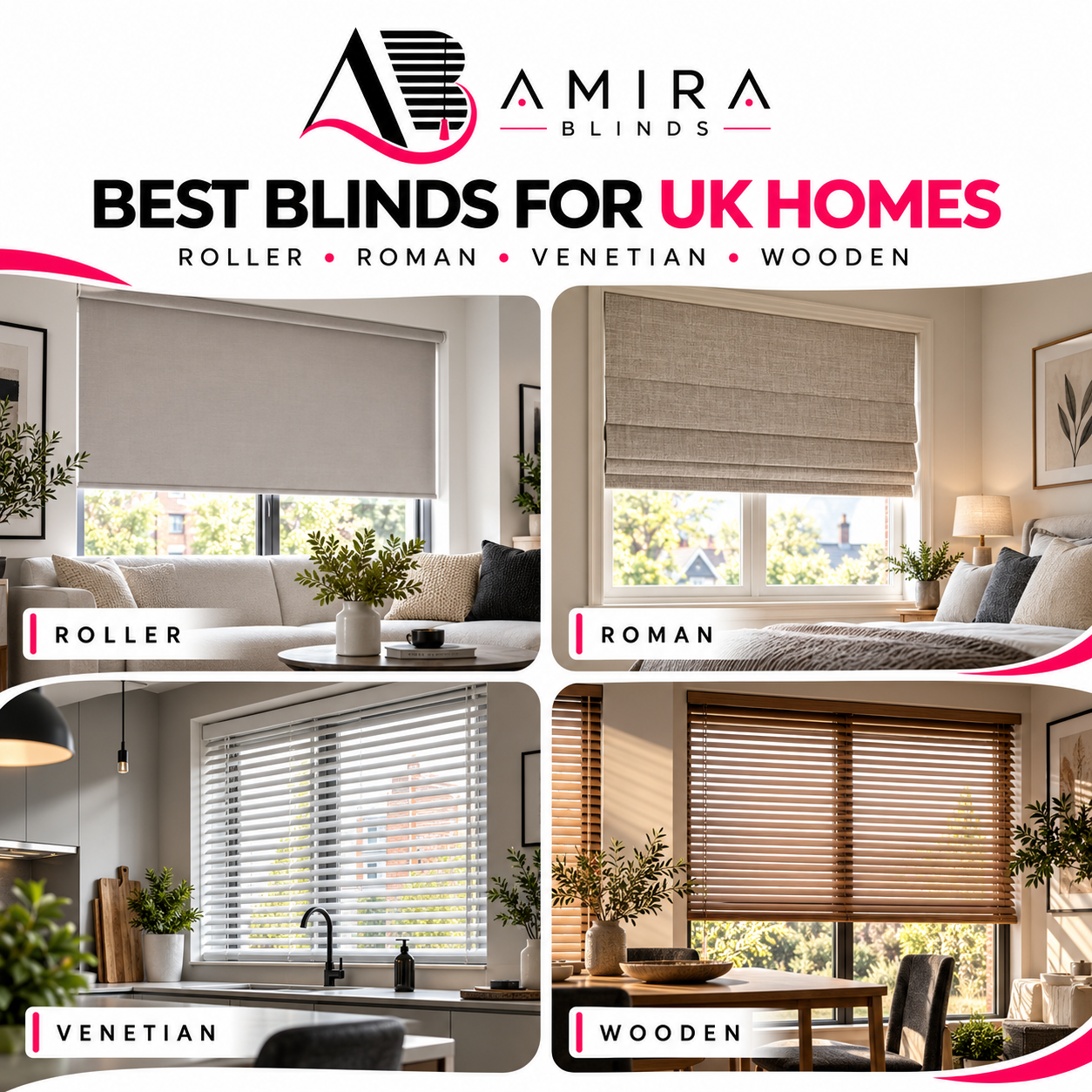 Roller, Roman, Venetian and wooden blinds fitted in a UK home living room setting